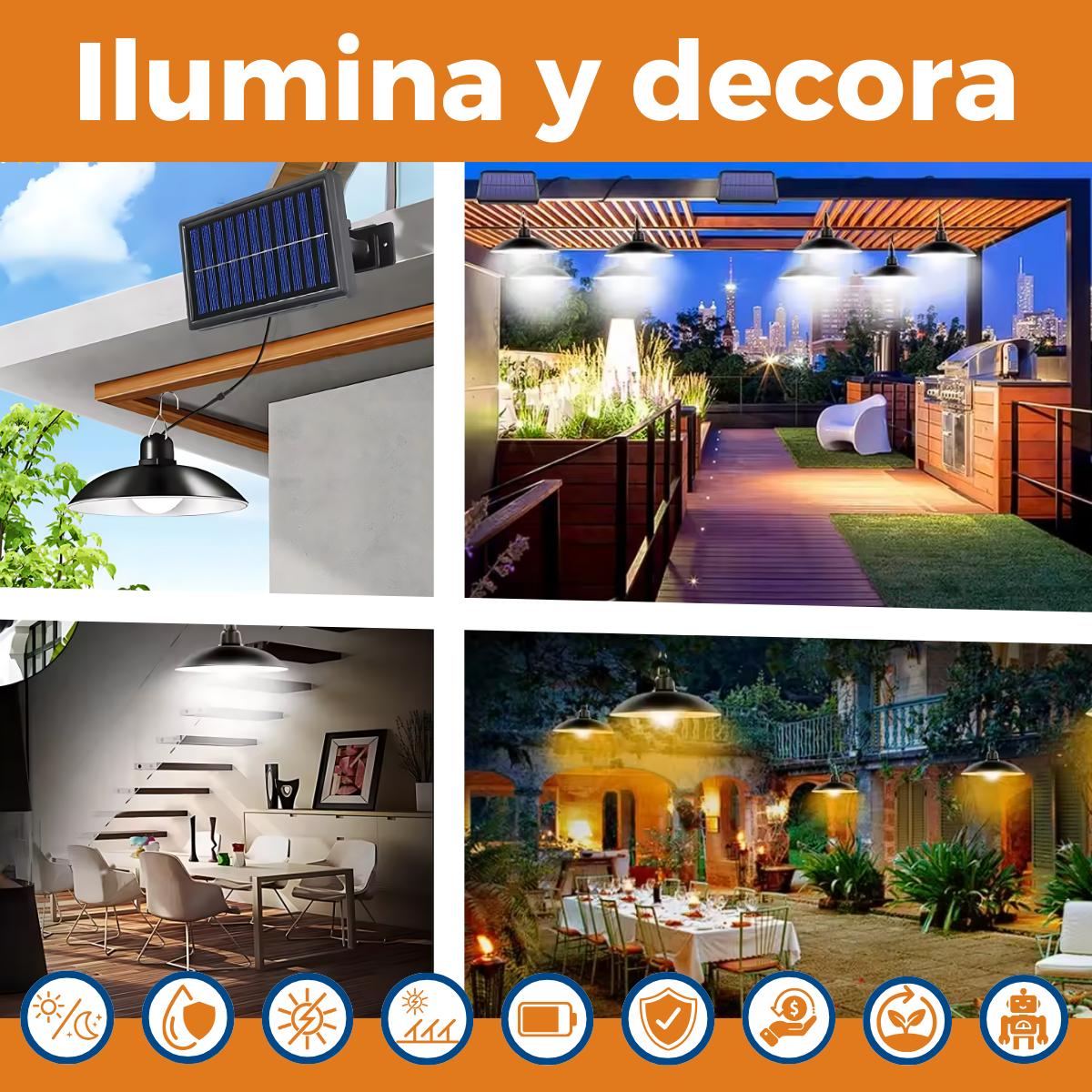 Lámpara Luz Colgante Para interior o exterior, Panel solar.