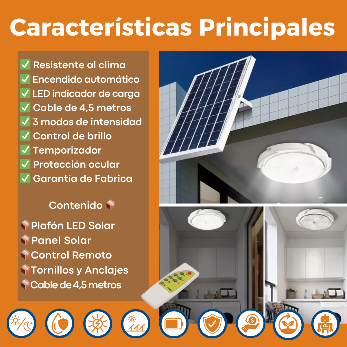 Plafón Solar Led - Interior y exterior con Panel