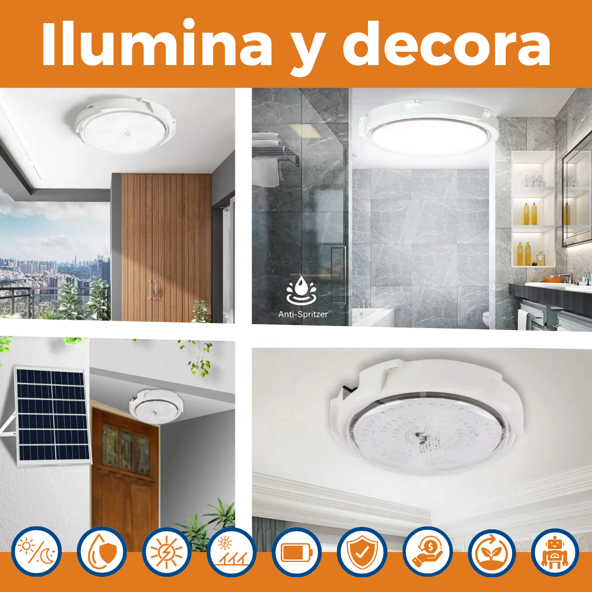Plafón Solar Led - Interior y exterior con Panel