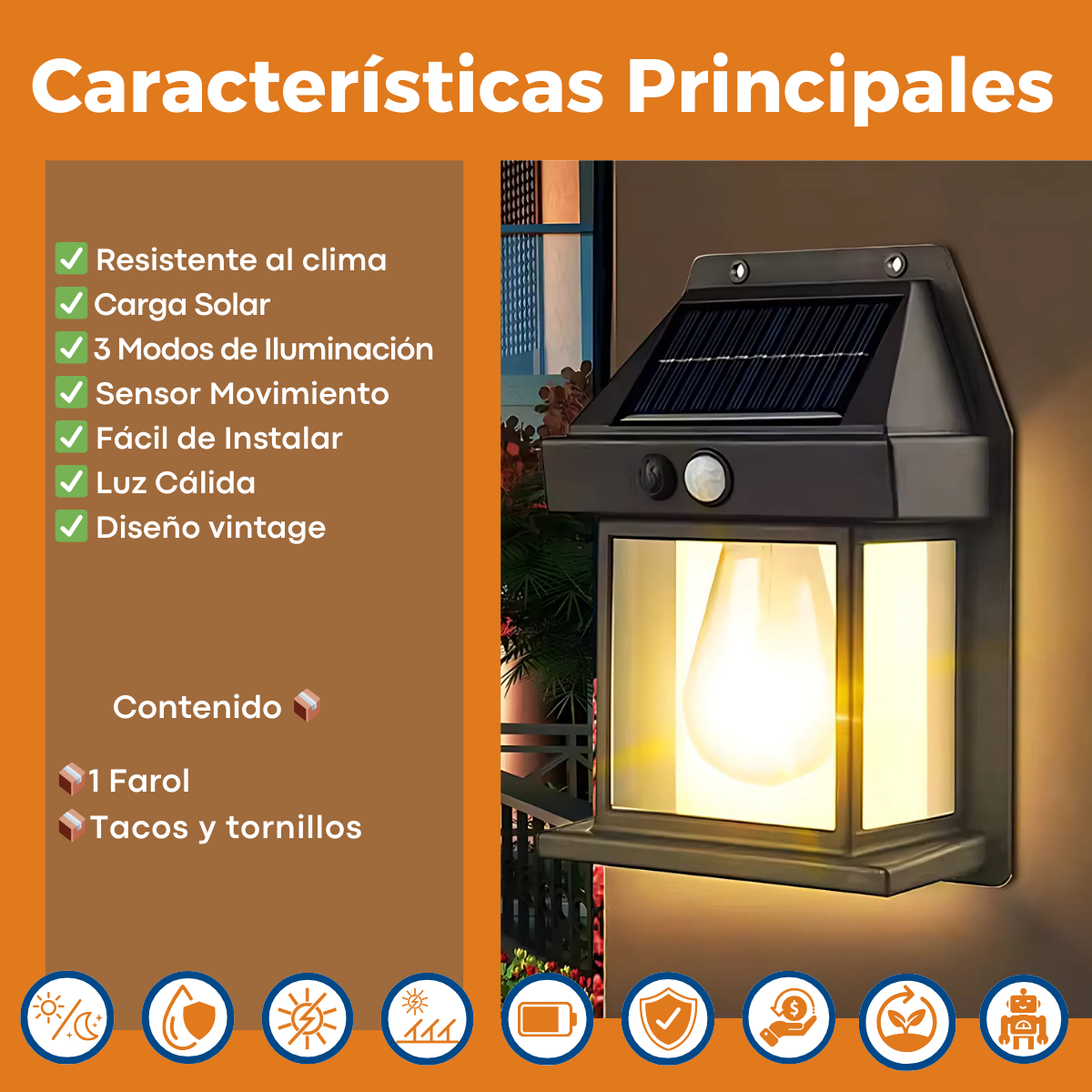 Farol Solar Colonial. Luz Cálida.