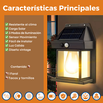 Farol Solar Colonial. Luz Cálida.
