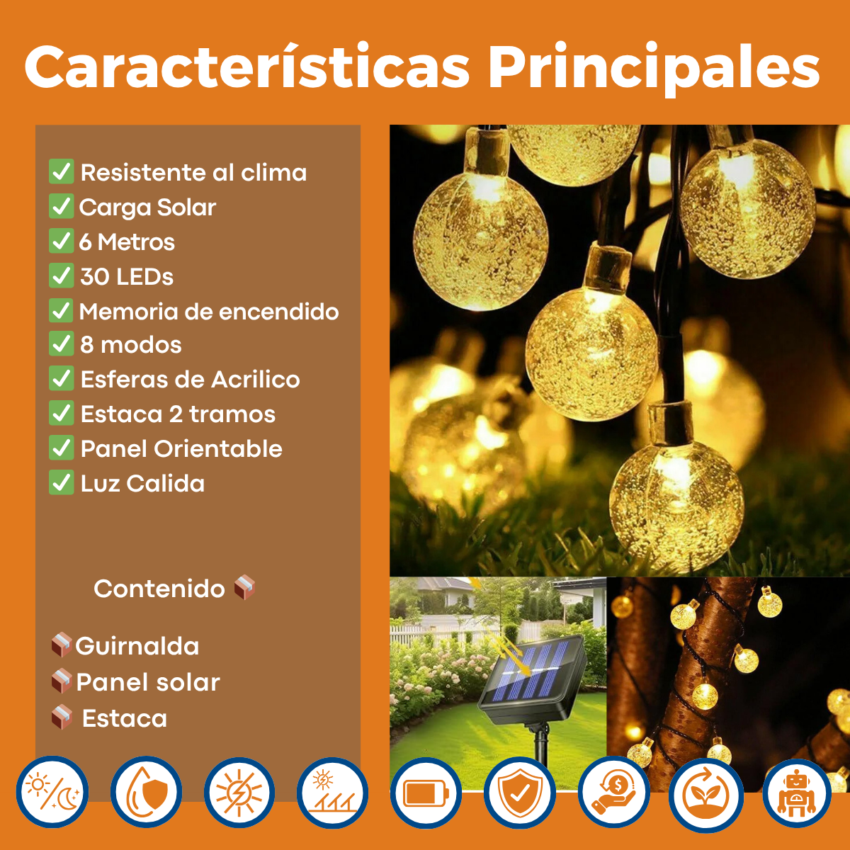 Guirnalda Led Solar 6 Metros 30 Luces 8 Funciones