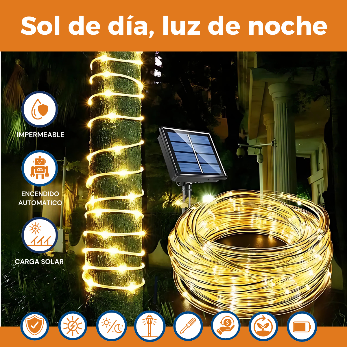 Luz Navideña Solar Guirnalda Manguera 12m